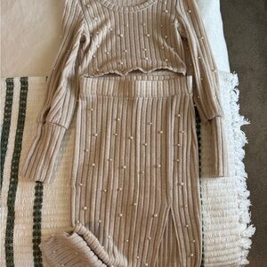 Beige Ribbed Knit Two-Piece Set with Pearl Accents